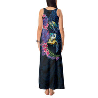 Hawaiian Plumeria and Hibiscus with Turtles Tank Maxi Dress Polynesian Art Dark Cyan Color - Polynesian Pride