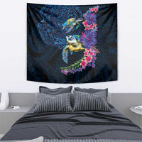 Hawaiian Plumeria and Hibiscus with Turtles Tapestry Polynesian Art Dark Cyan Color - Polynesian Pride