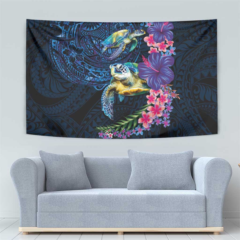 Hawaiian Plumeria and Hibiscus with Turtles Tapestry Polynesian Art Dark Cyan Color - Polynesian Pride