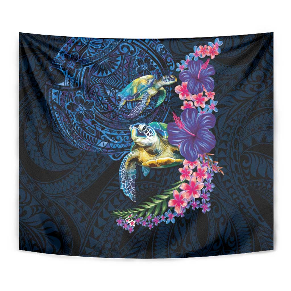 Hawaiian Plumeria and Hibiscus with Turtles Tapestry Polynesian Art Dark Cyan Color - Polynesian Pride