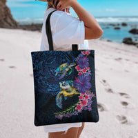 Hawaiian Plumeria and Hibiscus with Turtles Tote Bag Polynesian Art Dark Cyan Color - Polynesian Pride