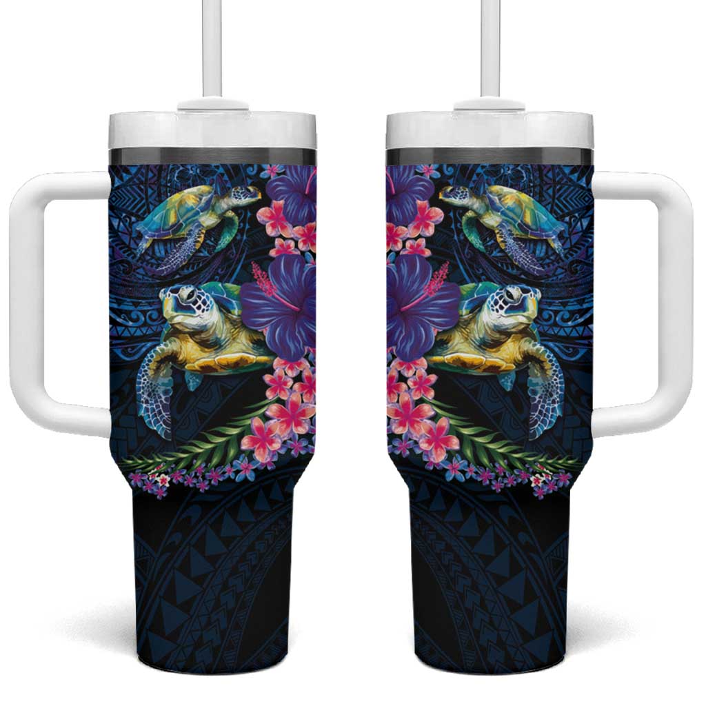 Hawaiian Plumeria and Hibiscus with Turtles Tumbler With Handle Polynesian Art Dark Cyan Color - Polynesian Pride