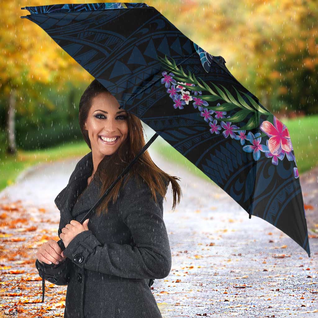 Hawaiian Plumeria and Hibiscus with Turtles Umbrella Polynesian Art Dark Cyan Color - Polynesian Pride