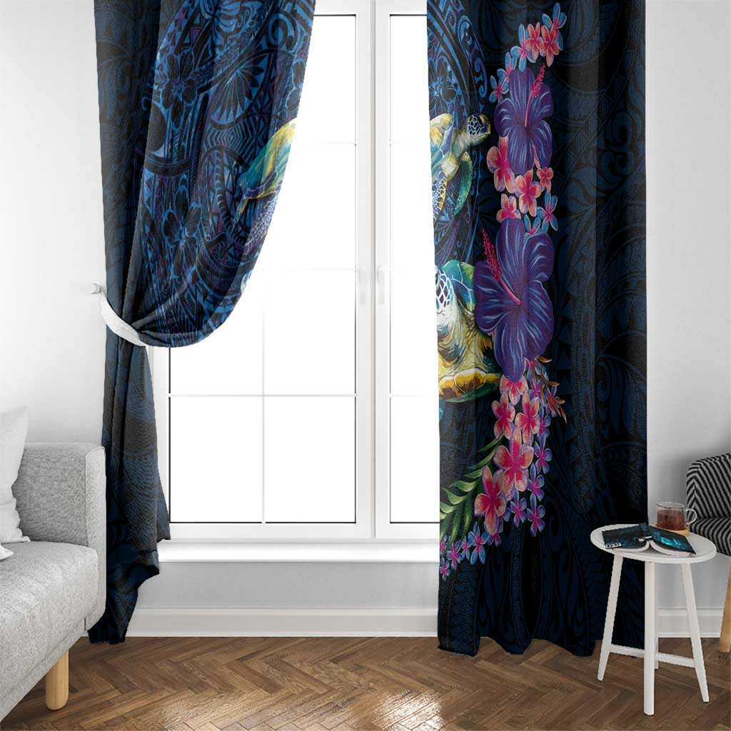 Hawaiian Plumeria and Hibiscus with Turtles Window Curtain Polynesian Art Dark Cyan Color - Polynesian Pride