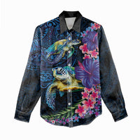 Hawaiian Plumeria and Hibiscus with Turtles Women Casual Shirt Polynesian Art Dark Cyan Color - Polynesian Pride