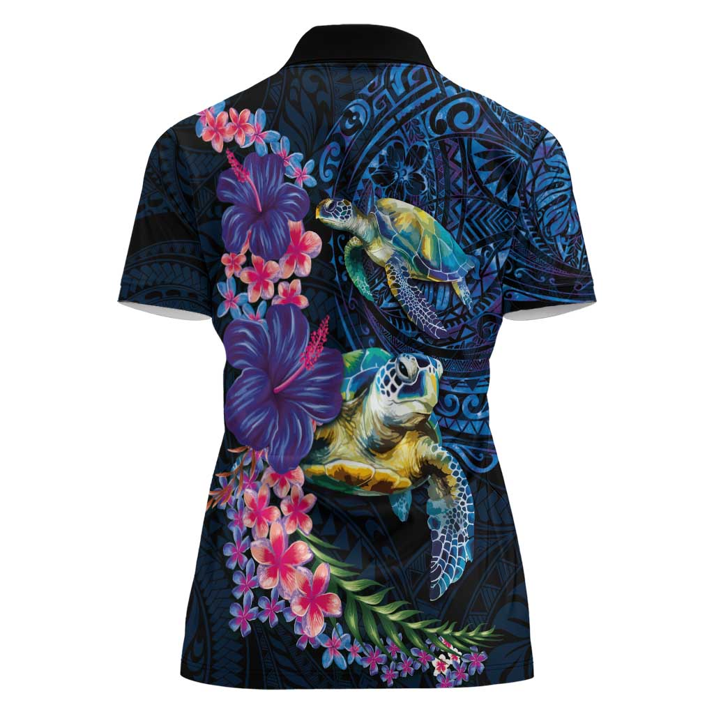 Hawaiian Plumeria and Hibiscus with Turtles Women Polo Shirt Polynesian Art Dark Cyan Color - Polynesian Pride
