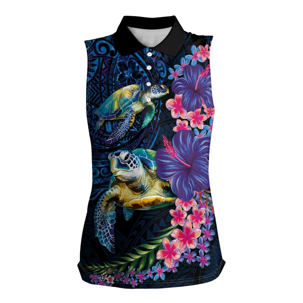 Hawaiian Plumeria and Hibiscus with Turtles Women Sleeveless Polo Shirt Polynesian Art Dark Cyan Color - Polynesian Pride