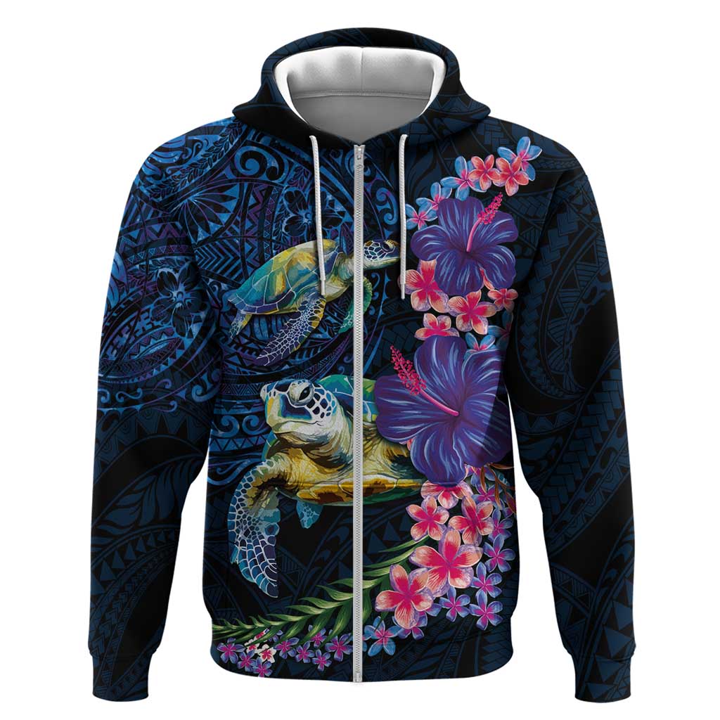 Hawaiian Plumeria and Hibiscus with Turtles Zip Hoodie Polynesian Art Dark Cyan Color - Polynesian Pride
