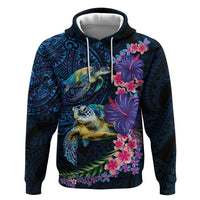 Hawaiian Plumeria and Hibiscus with Turtles Zip Hoodie Polynesian Art Dark Cyan Color - Polynesian Pride
