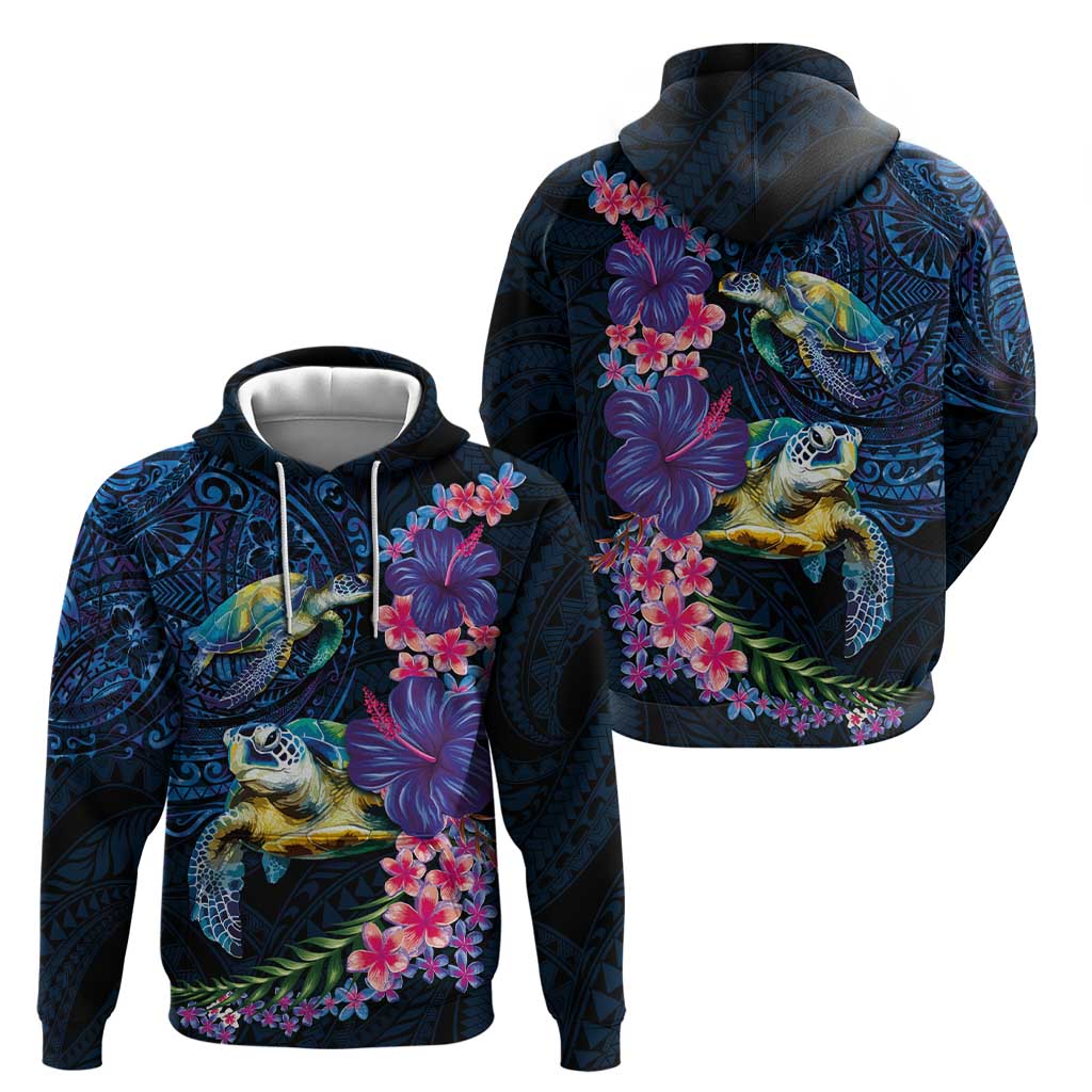 Hawaiian Plumeria and Hibiscus with Turtles Zip Hoodie Polynesian Art Dark Cyan Color - Polynesian Pride