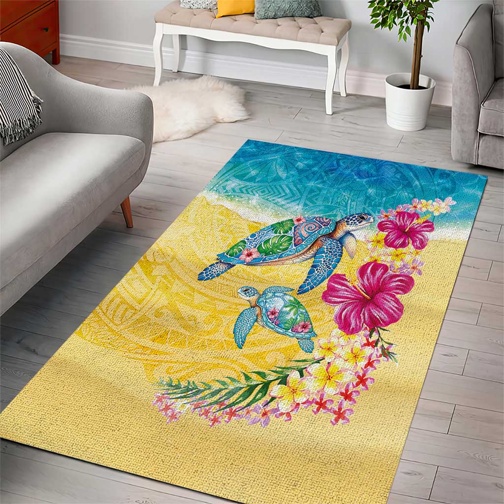 Hawaiian Tropical Plants Turtles Area Rug Watercolor Style - Polynesian Pride