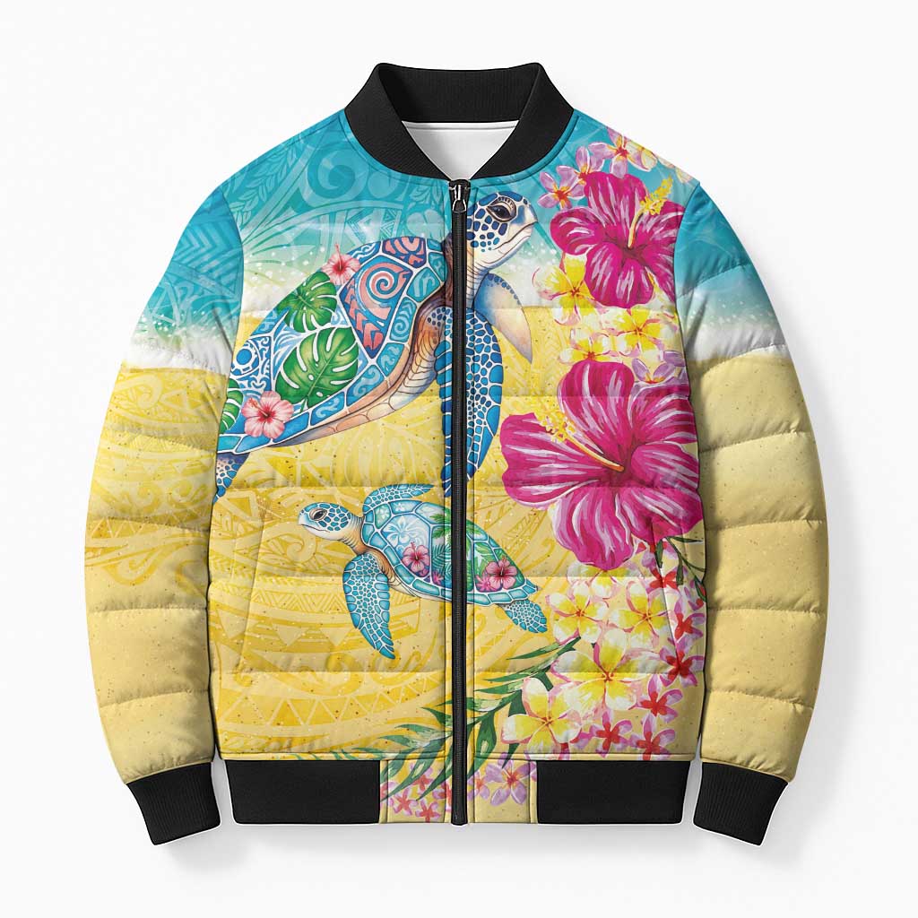 Hawaiian Tropical Plants Turtles Bomber Puffer Jacket Watercolor Style - Polynesian Pride
