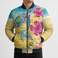 Hawaiian Tropical Plants Turtles Bomber Puffer Jacket Watercolor Style - Polynesian Pride