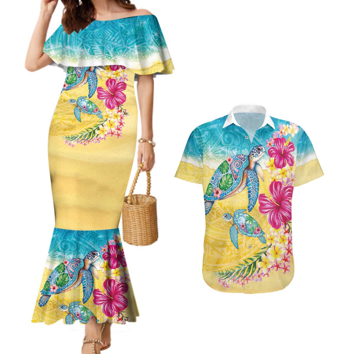 Hawaiian Tropical Plants Turtles Couples Matching Mermaid Dress and Hawaiian Shirt Watercolor Style - Polynesian Pride