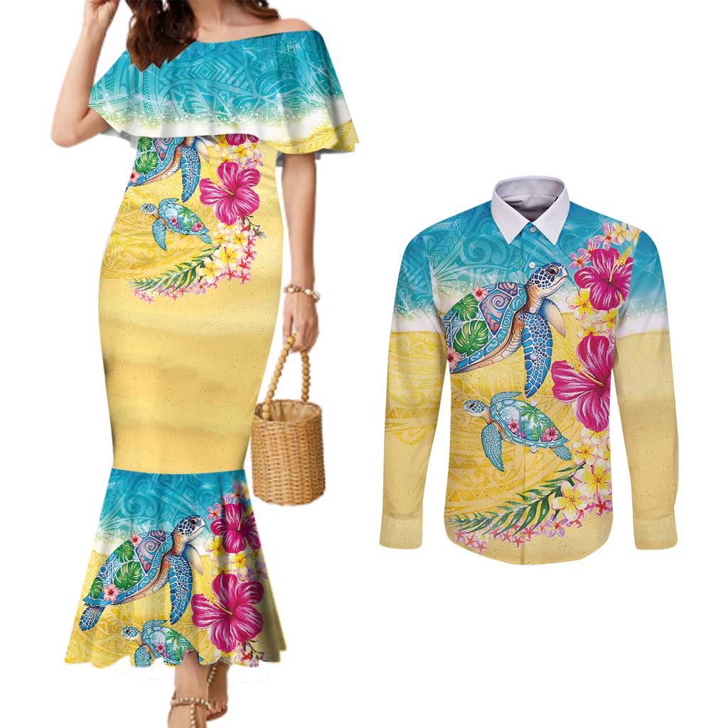 Hawaiian Tropical Plants Turtles Couples Matching Mermaid Dress and Long Sleeve Button Shirt Watercolor Style - Polynesian Pride