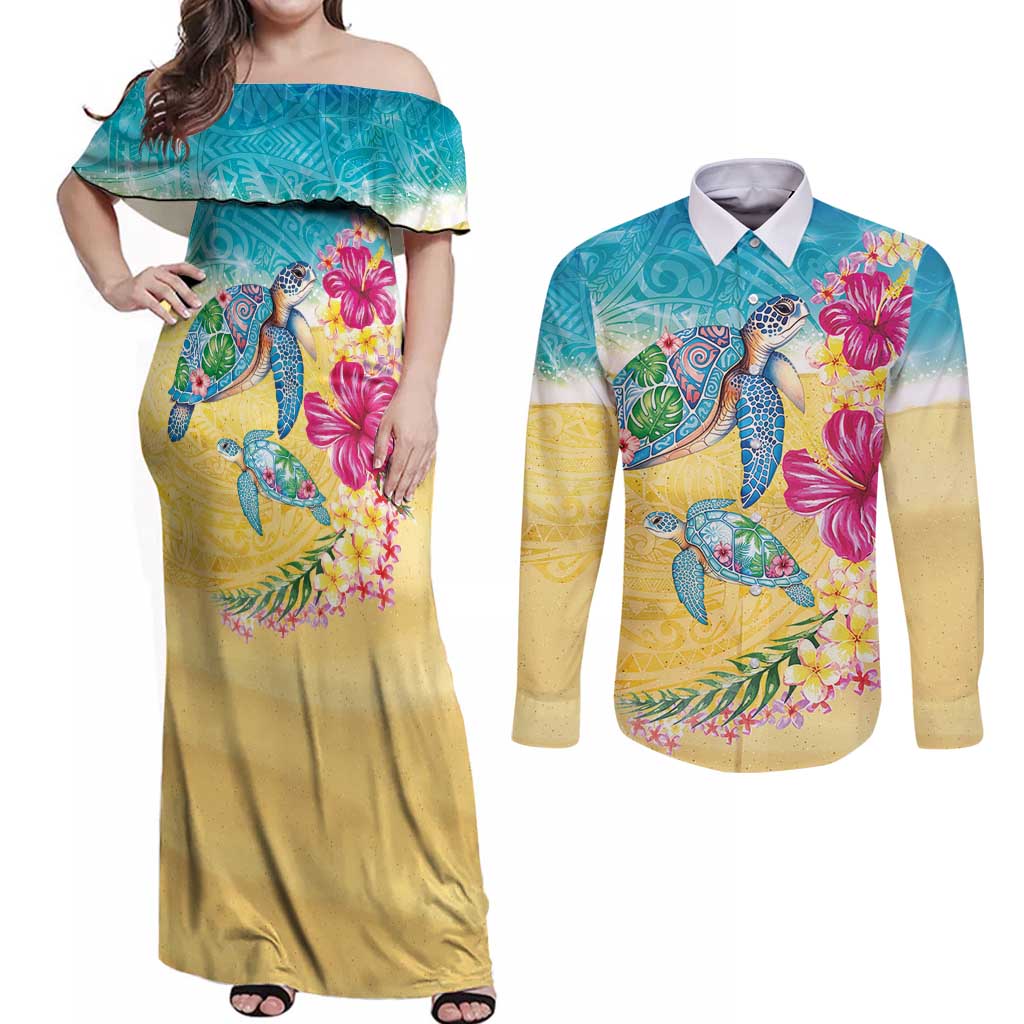 Hawaiian Tropical Plants Turtles Couples Matching Off Shoulder Maxi Dress and Long Sleeve Button Shirt Watercolor Style - Polynesian Pride