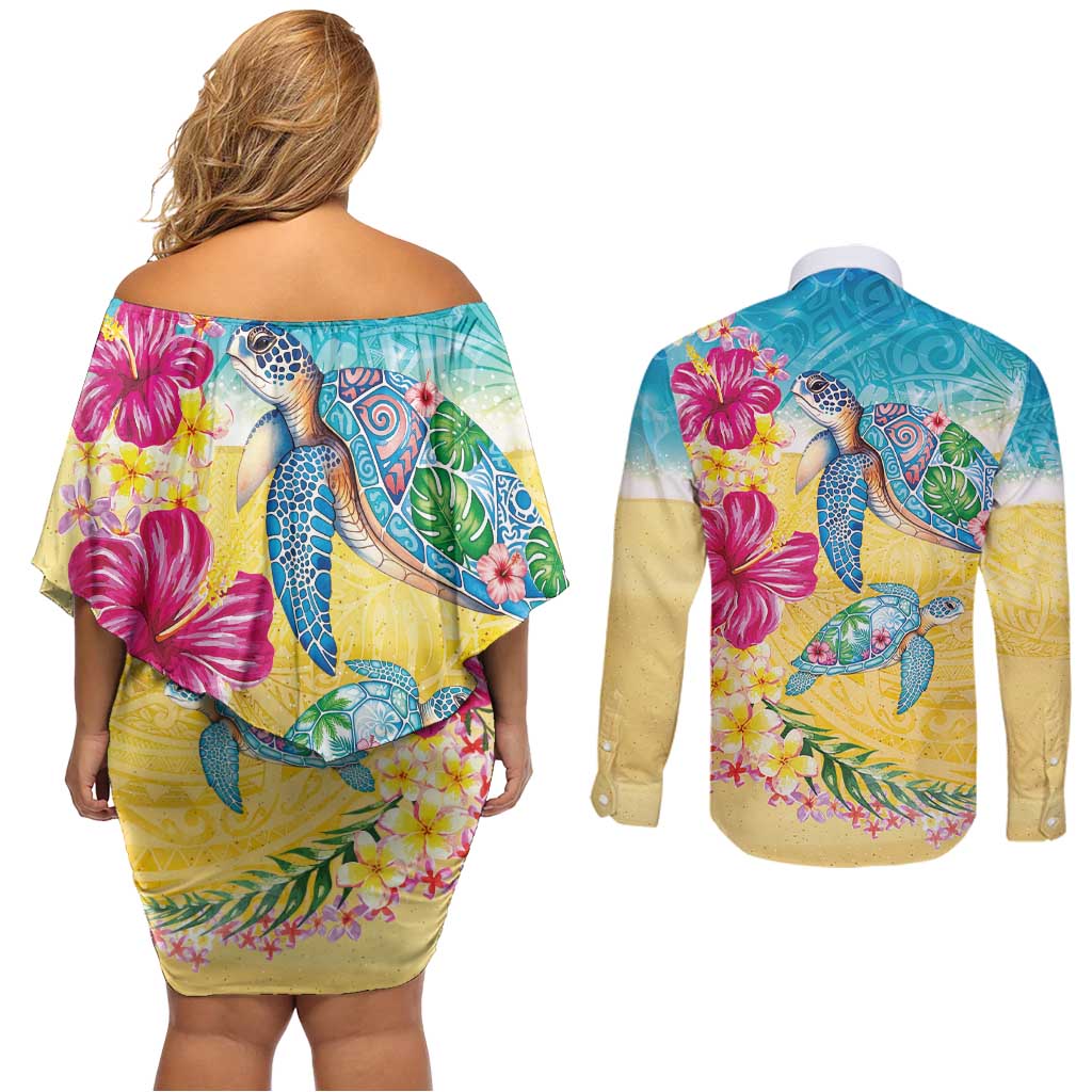Hawaiian Tropical Plants Turtles Couples Matching Off Shoulder Short Dress and Long Sleeve Button Shirt Watercolor Style - Polynesian Pride