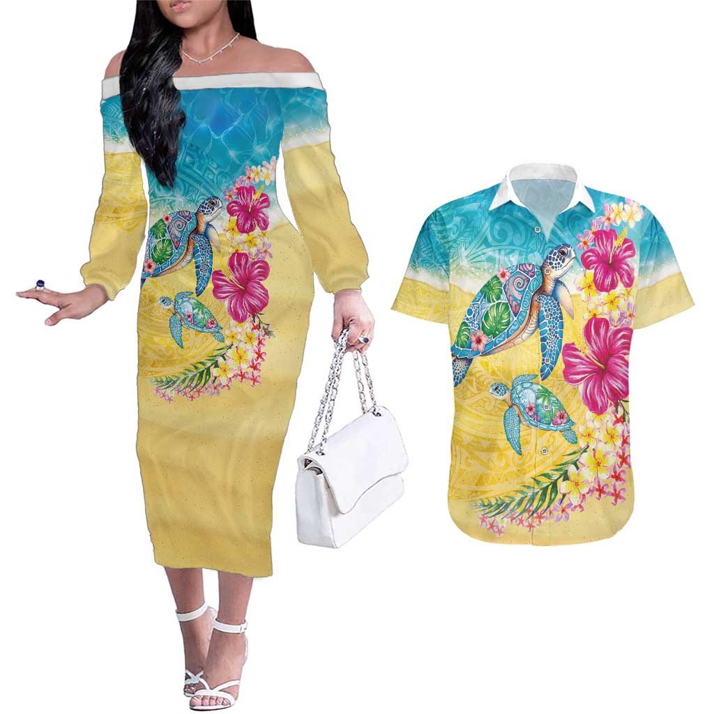 Hawaiian Tropical Plants Turtles Couples Matching Off The Shoulder Long Sleeve Dress and Hawaiian Shirt Watercolor Style - Polynesian Pride