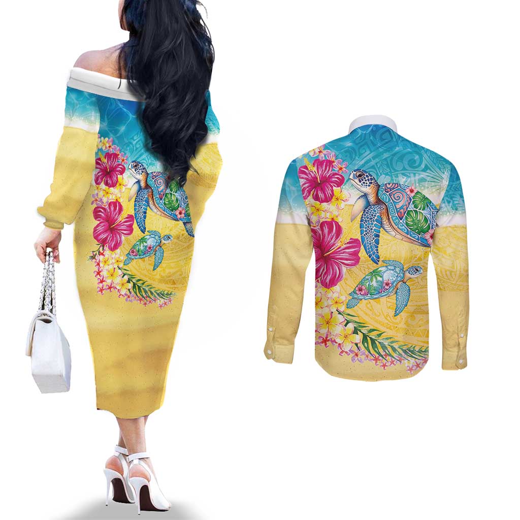 Hawaiian Tropical Plants Turtles Couples Matching Off The Shoulder Long Sleeve Dress and Long Sleeve Button Shirt Watercolor Style - Polynesian Pride
