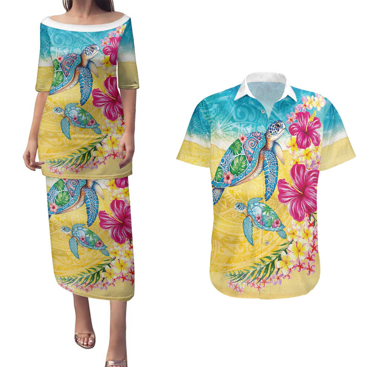 Hawaiian Tropical Plants Turtles Couples Matching Puletasi and Hawaiian Shirt Watercolor Style LT03 Multicolor - Polynesian Pride