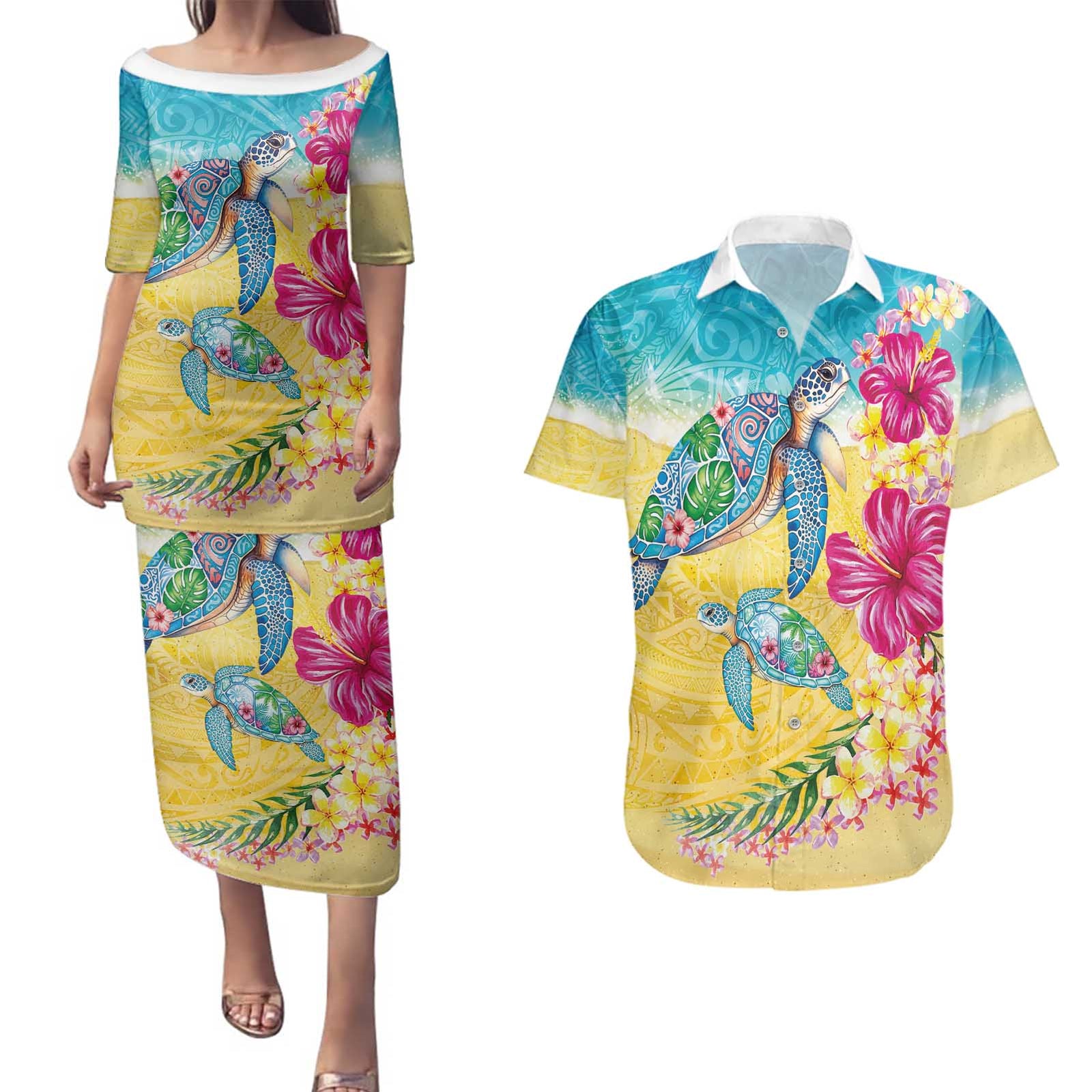Hawaiian Tropical Plants Turtles Couples Matching Puletasi and Hawaiian Shirt Watercolor Style LT03 Multicolor - Polynesian Pride