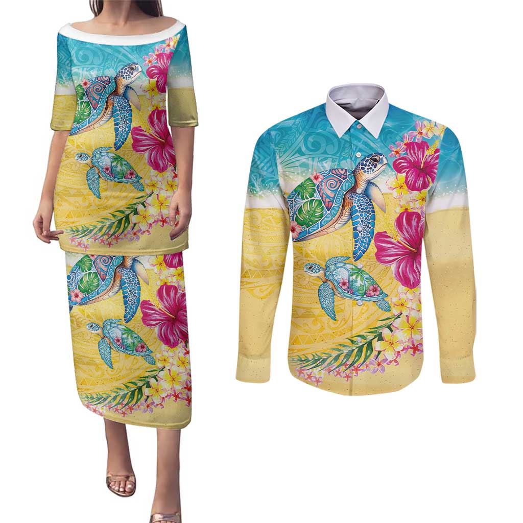 Hawaiian Tropical Plants Turtles Couples Matching Puletasi and Long Sleeve Button Shirt Watercolor Style - Polynesian Pride