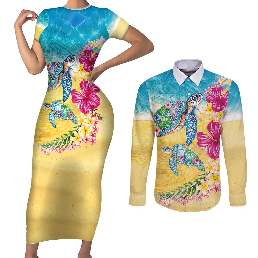 Hawaiian Tropical Plants Turtles Couples Matching Short Sleeve Bodycon Dress and Long Sleeve Button Shirt Watercolor Style - Polynesian Pride