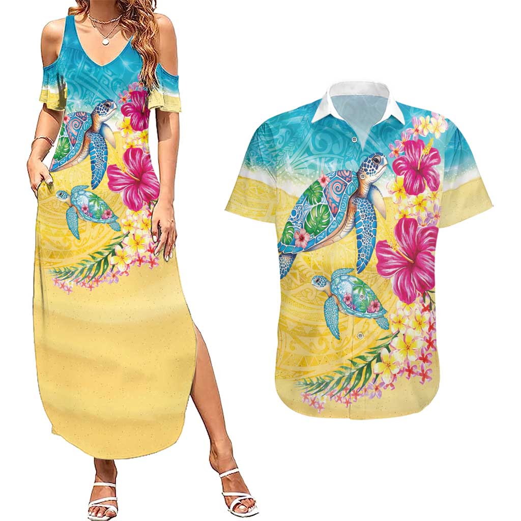 Hawaiian Tropical Plants Turtles Couples Matching Summer Maxi Dress and Hawaiian Shirt Watercolor Style - Polynesian Pride