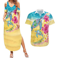 Hawaiian Tropical Plants Turtles Couples Matching Summer Maxi Dress and Hawaiian Shirt Watercolor Style - Polynesian Pride