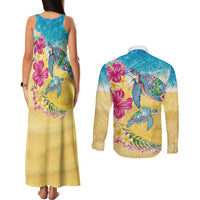 Hawaiian Tropical Plants Turtles Couples Matching Tank Maxi Dress and Long Sleeve Button Shirt Watercolor Style - Polynesian Pride