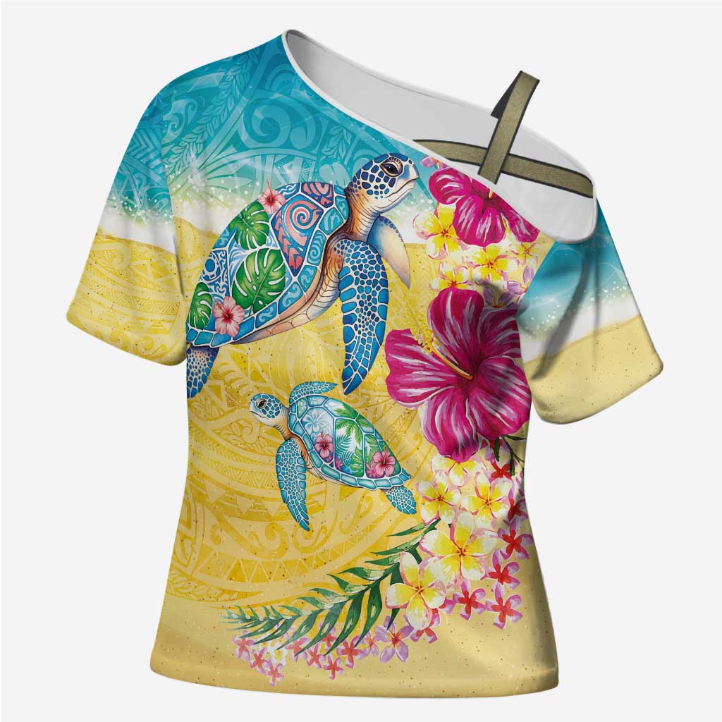 Hawaiian Tropical Plants Turtles Cross Shoulder Shirt Watercolor Style - Polynesian Pride
