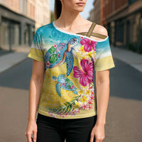 Hawaiian Tropical Plants Turtles Cross Shoulder Shirt Watercolor Style - Polynesian Pride