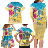 Hawaiian Tropical Plants Turtles Family Matching Long Sleeve Bodycon Dress and Hawaiian Shirt Watercolor Style - Polynesian Pride