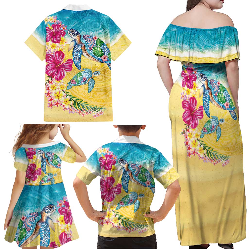 Hawaiian Tropical Plants Turtles Family Matching Off Shoulder Maxi Dress and Hawaiian Shirt Watercolor Style - Polynesian Pride