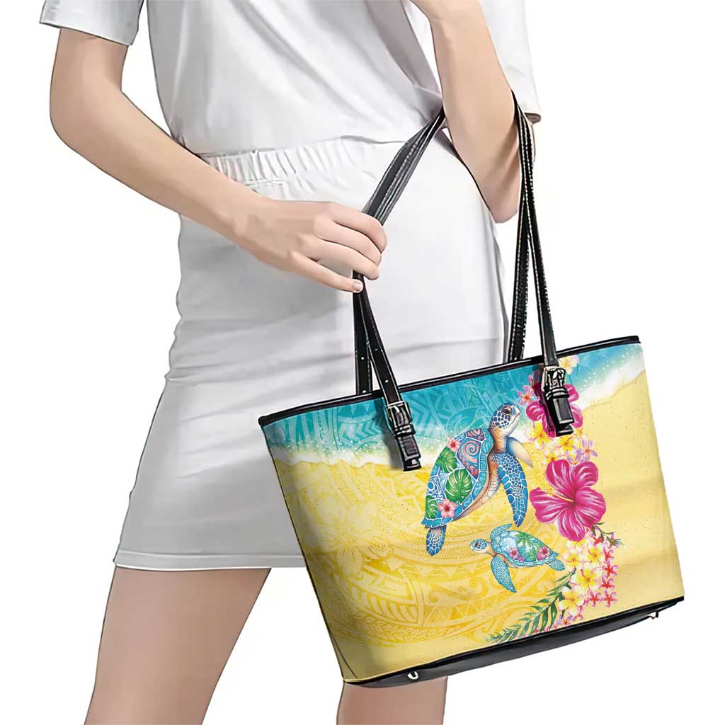 Hawaiian Tropical Plants Turtles Leather Tote Bag Watercolor Style - Polynesian Pride