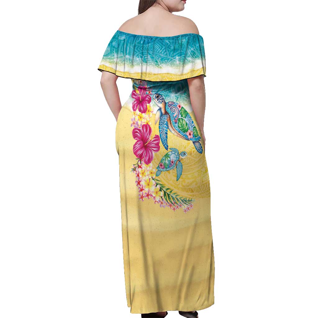 Hawaiian Tropical Plants Turtles Off Shoulder Maxi Dress Watercolor Style - Polynesian Pride