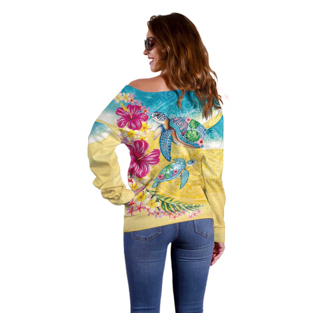 Hawaiian Tropical Plants Turtles Off Shoulder Sweater Watercolor Style - Polynesian Pride