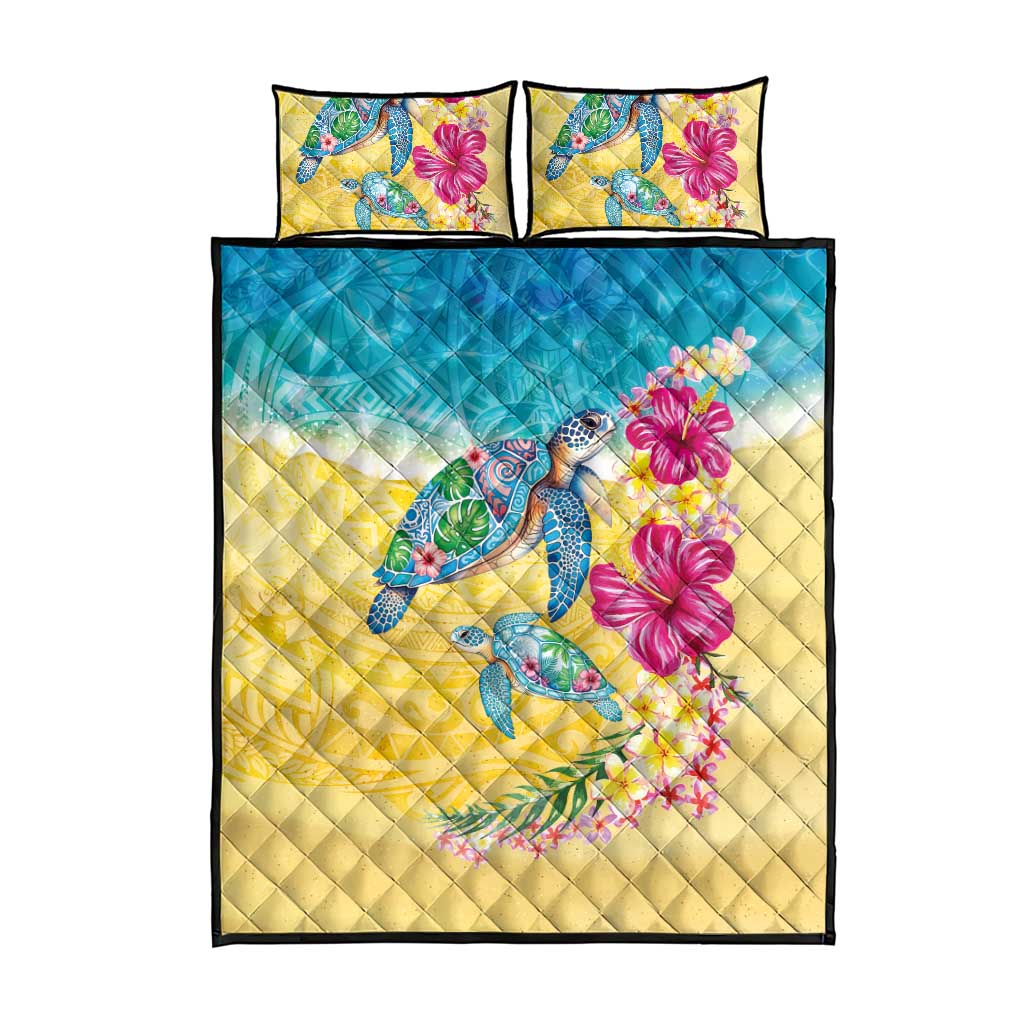 Hawaiian Tropical Plants Turtles Quilt Bed Set Watercolor Style - Polynesian Pride
