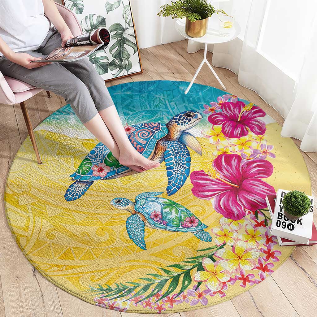 Hawaiian Tropical Plants Turtles Round Carpet Watercolor Style - Polynesian Pride