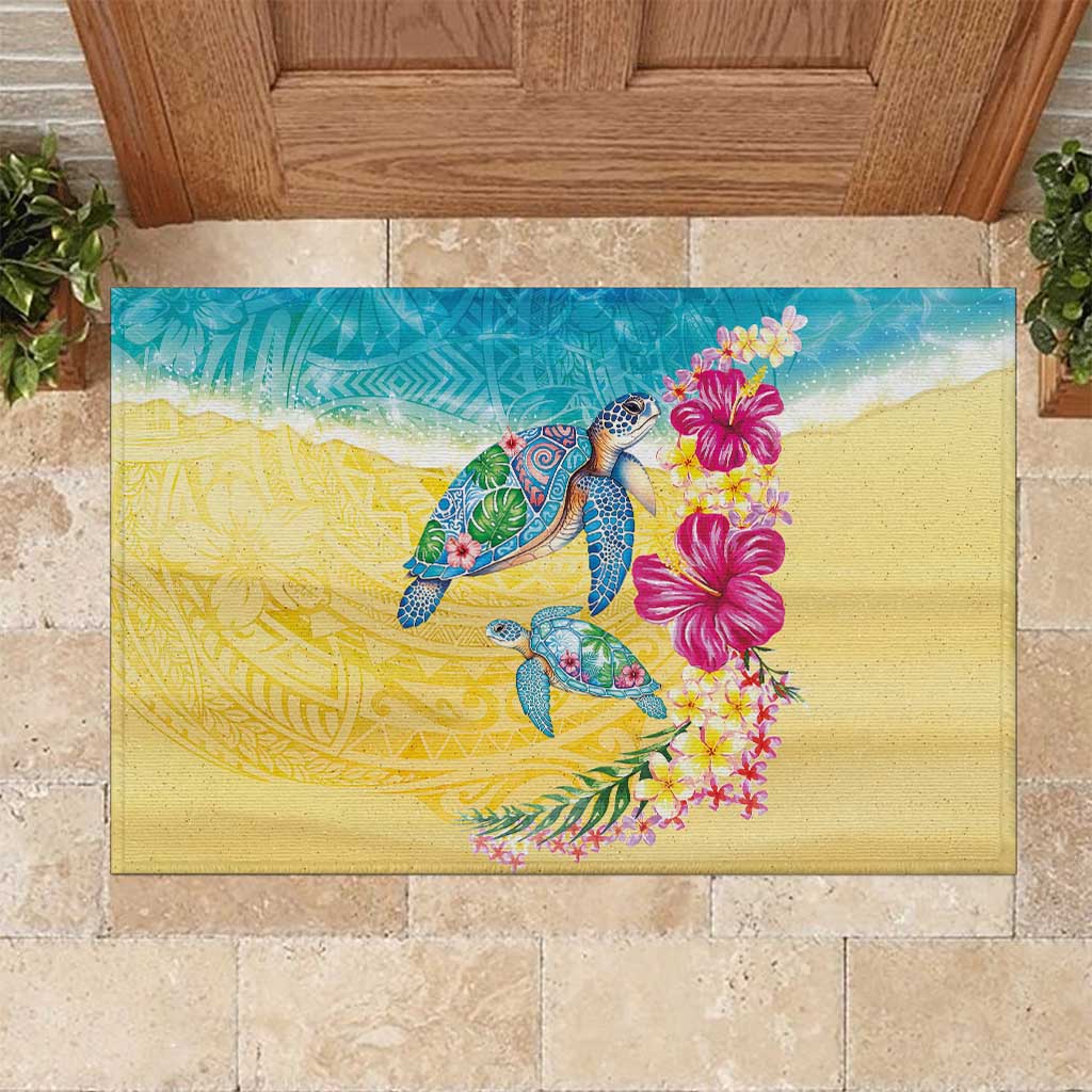 Hawaiian Tropical Plants Turtles Rubber Doormat Watercolor Style - Polynesian Pride