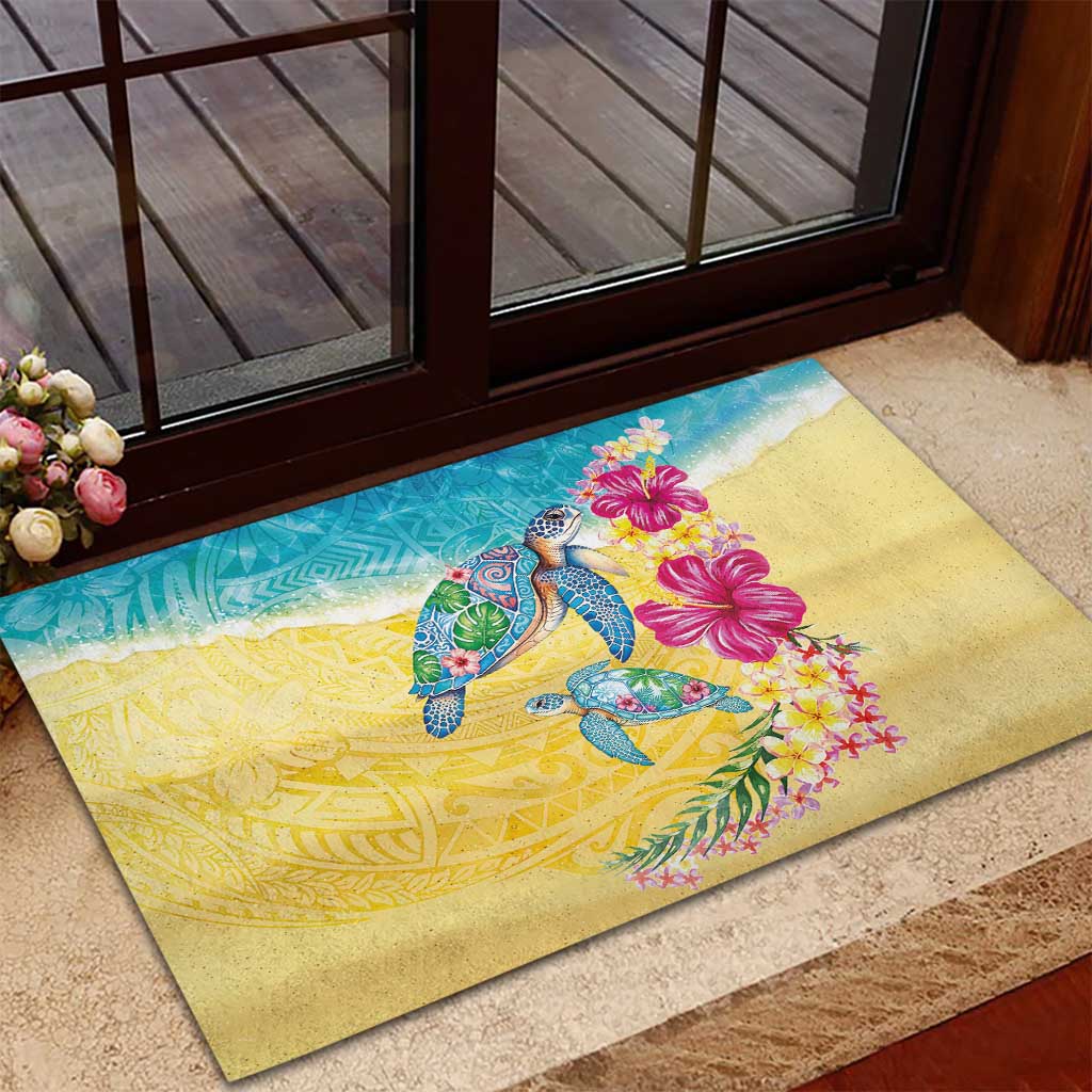 Hawaiian Tropical Plants Turtles Rubber Doormat Watercolor Style - Polynesian Pride