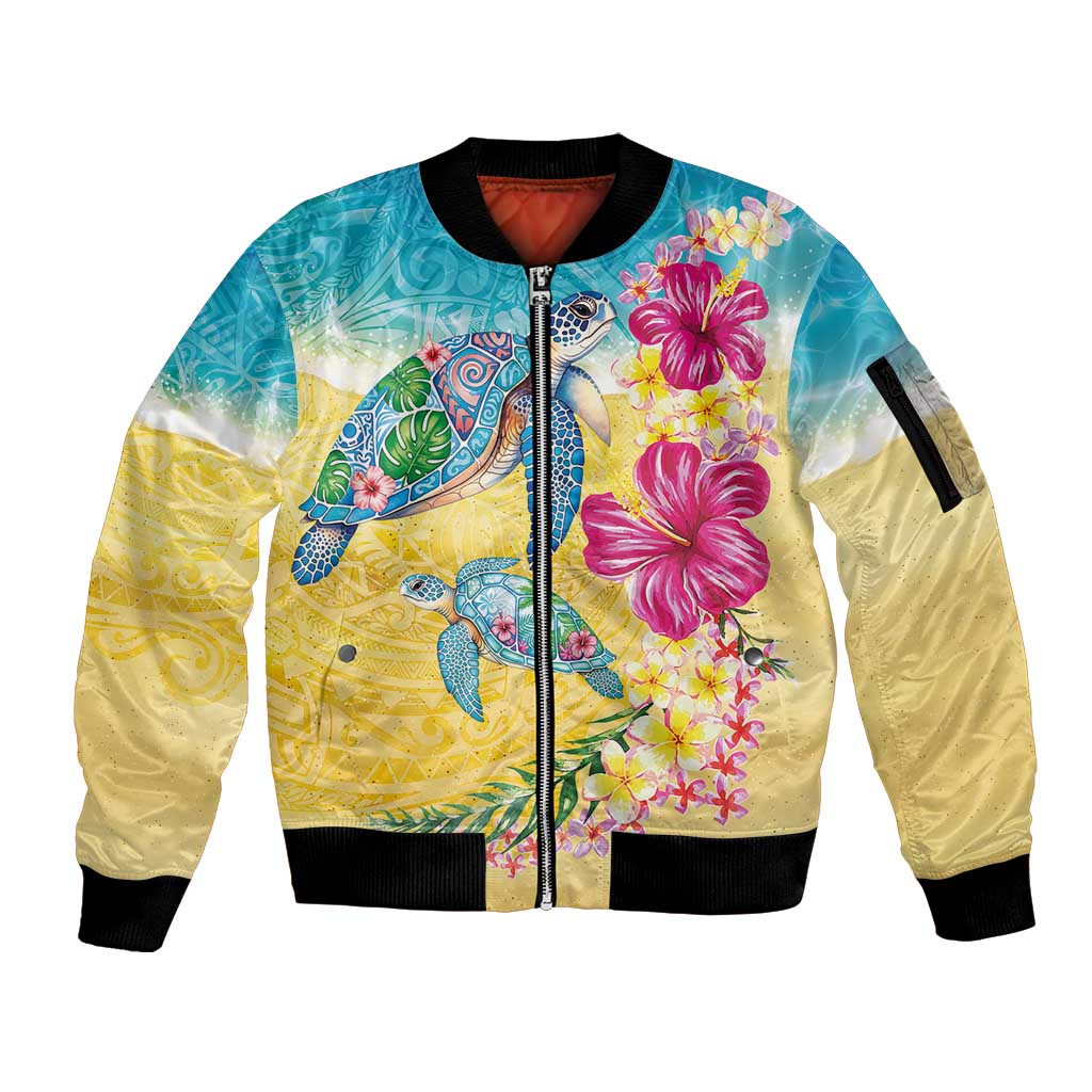 Hawaiian Tropical Plants Turtles Sleeve Zip Bomber Jacket Watercolor Style - Polynesian Pride