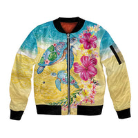 Hawaiian Tropical Plants Turtles Sleeve Zip Bomber Jacket Watercolor Style - Polynesian Pride