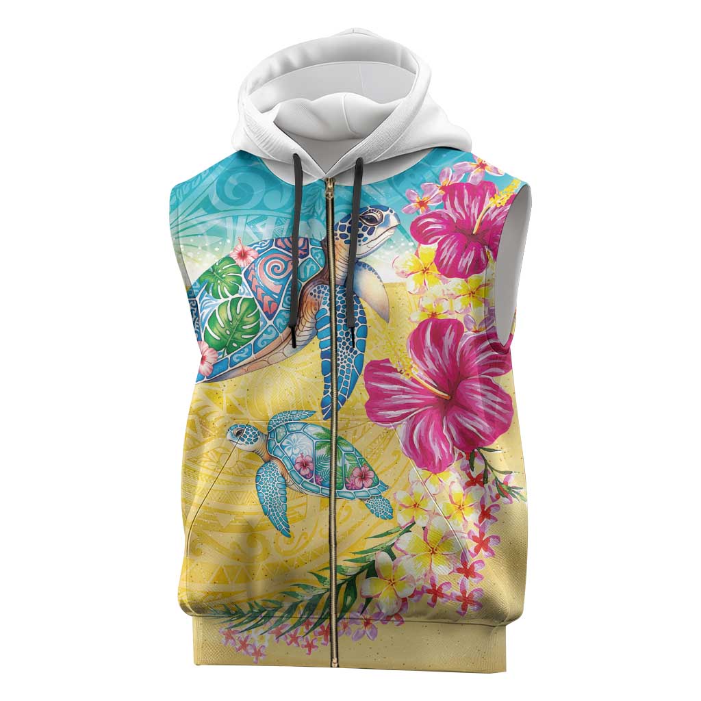 Hawaiian Tropical Plants Turtles Sleeveless Zip Hoodie Watercolor Style - Polynesian Pride