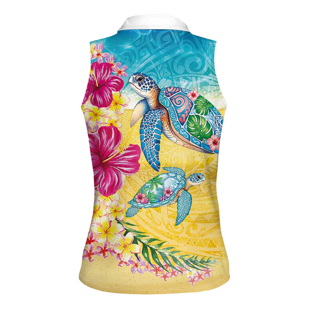 Hawaiian Tropical Plants Turtles Women Sleeveless Polo Shirt Watercolor Style - Polynesian Pride