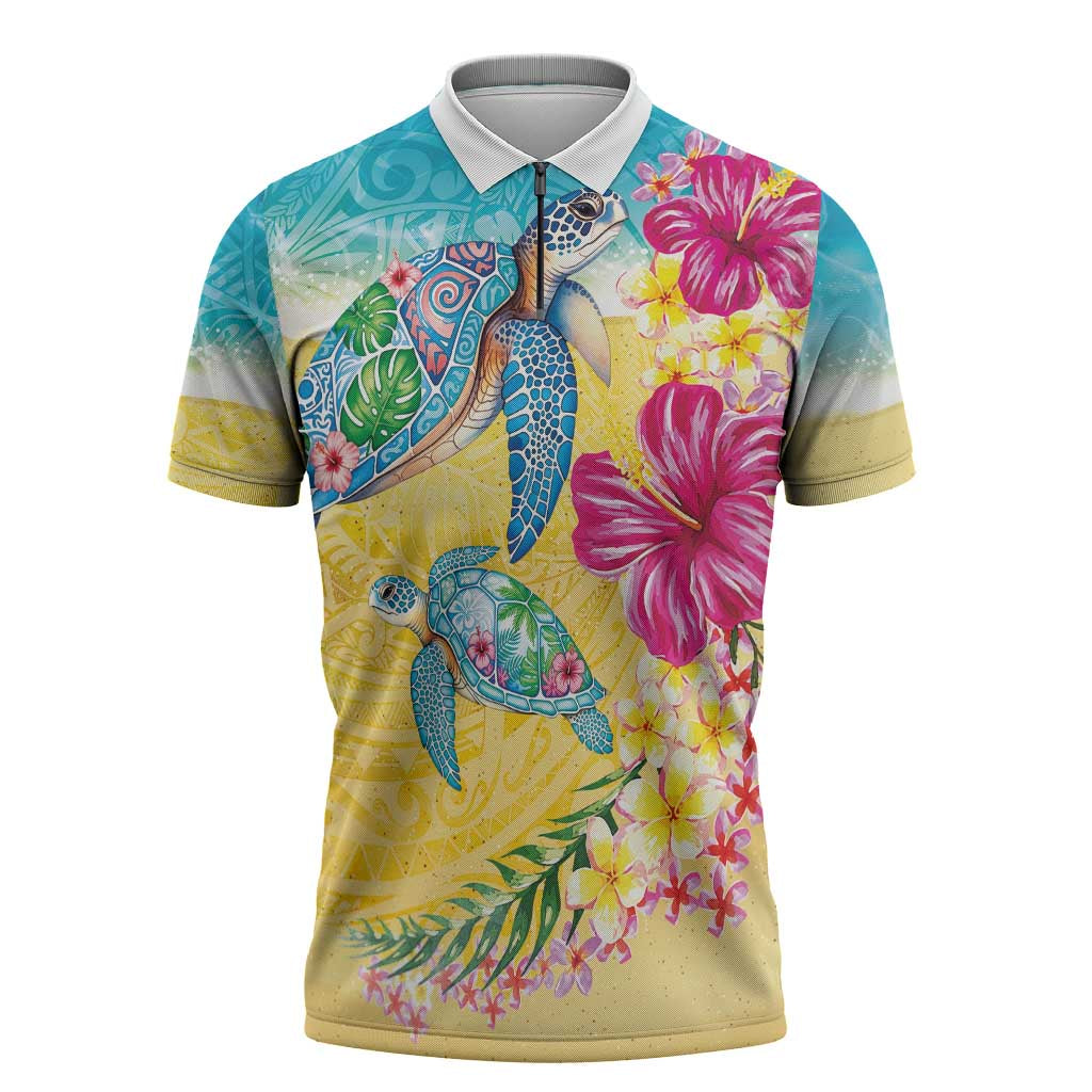 Hawaiian Tropical Plants Turtles Zipper Polo Shirt Watercolor Style - Polynesian Pride