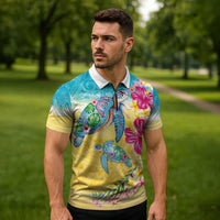 Hawaiian Tropical Plants Turtles Zipper Polo Shirt Watercolor Style - Polynesian Pride