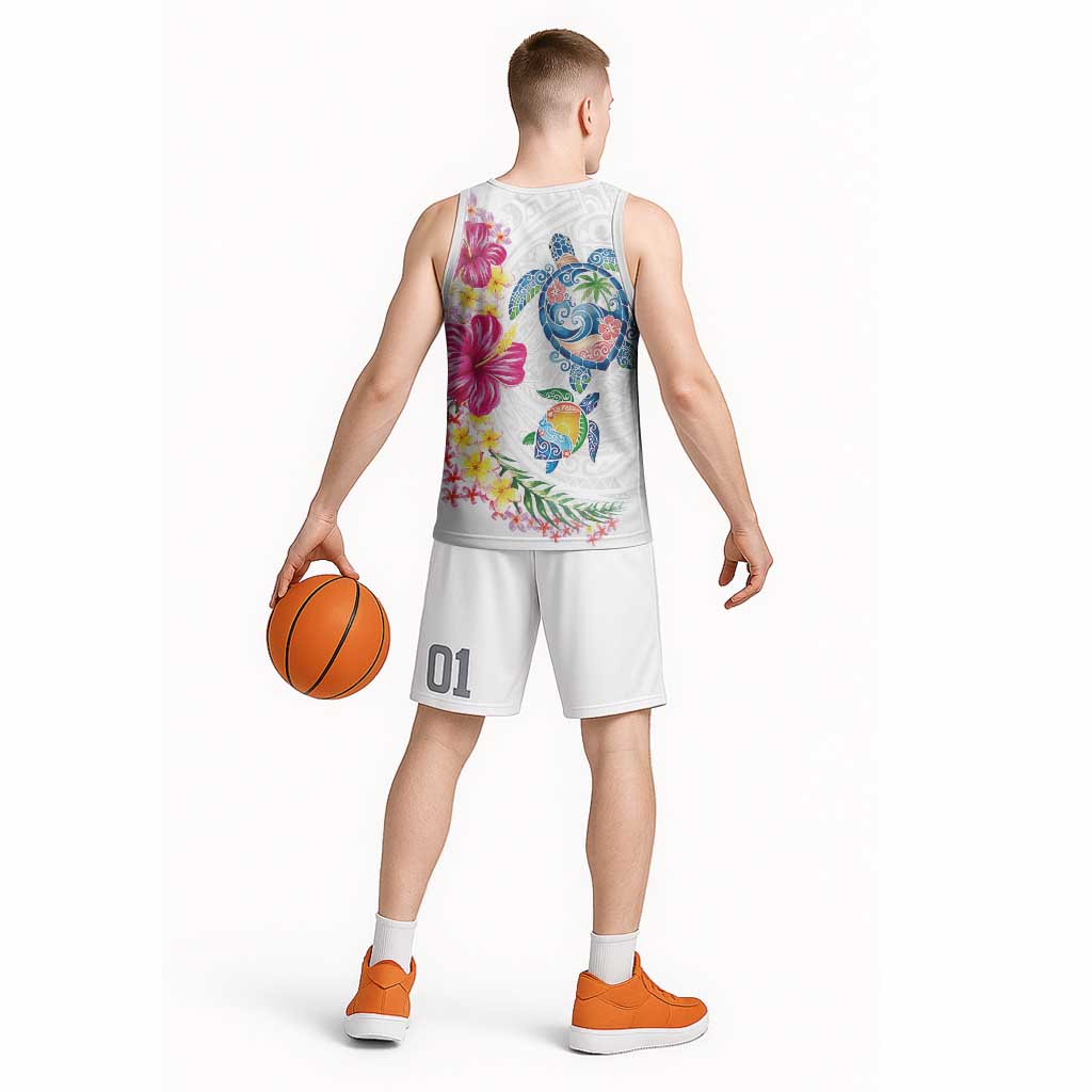 Hawaiian Abstract Art Turtles Basketball Jersey with Plumeria and Hibiscus - Polynesian Pride