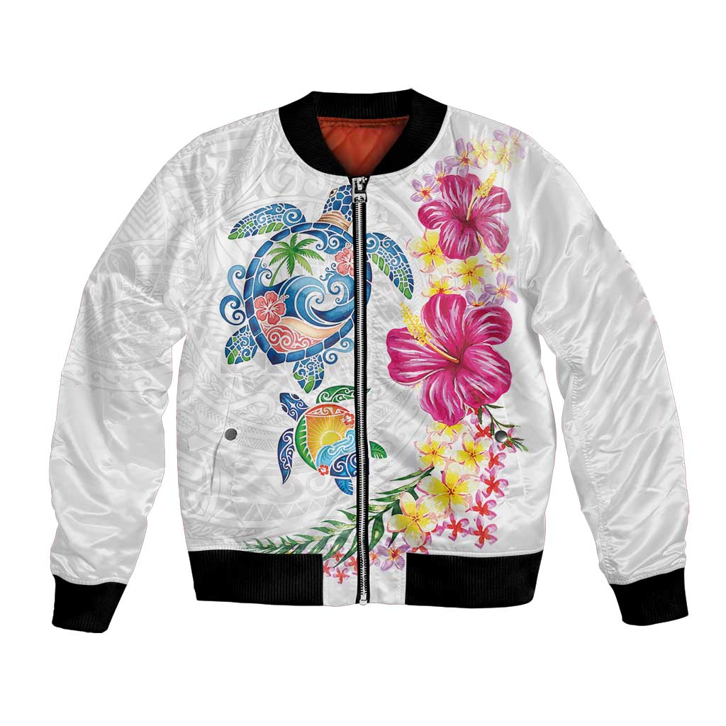 Hawaiian Abstract Art Turtles Bomber Jacket with Plumeria and Hibiscus - Polynesian Pride