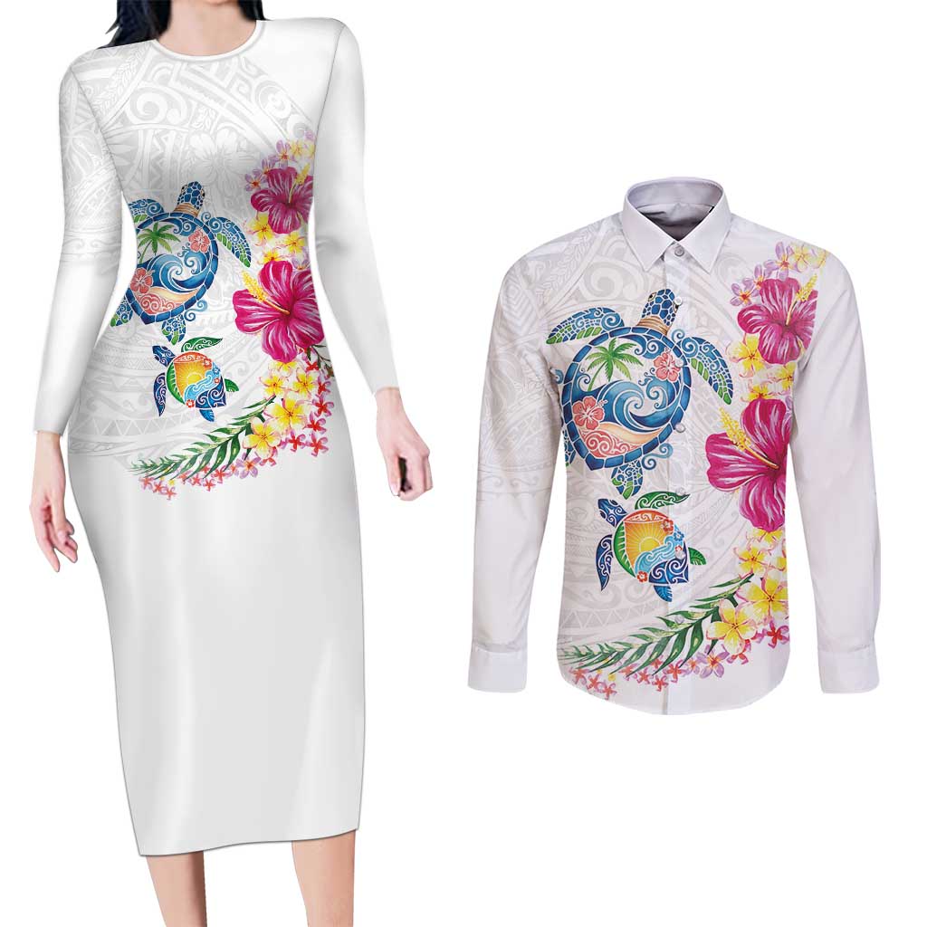Hawaiian Abstract Art Turtles Couples Matching Long Sleeve Bodycon Dress and Long Sleeve Button Shirt with Plumeria and Hibiscus - Polynesian Pride
